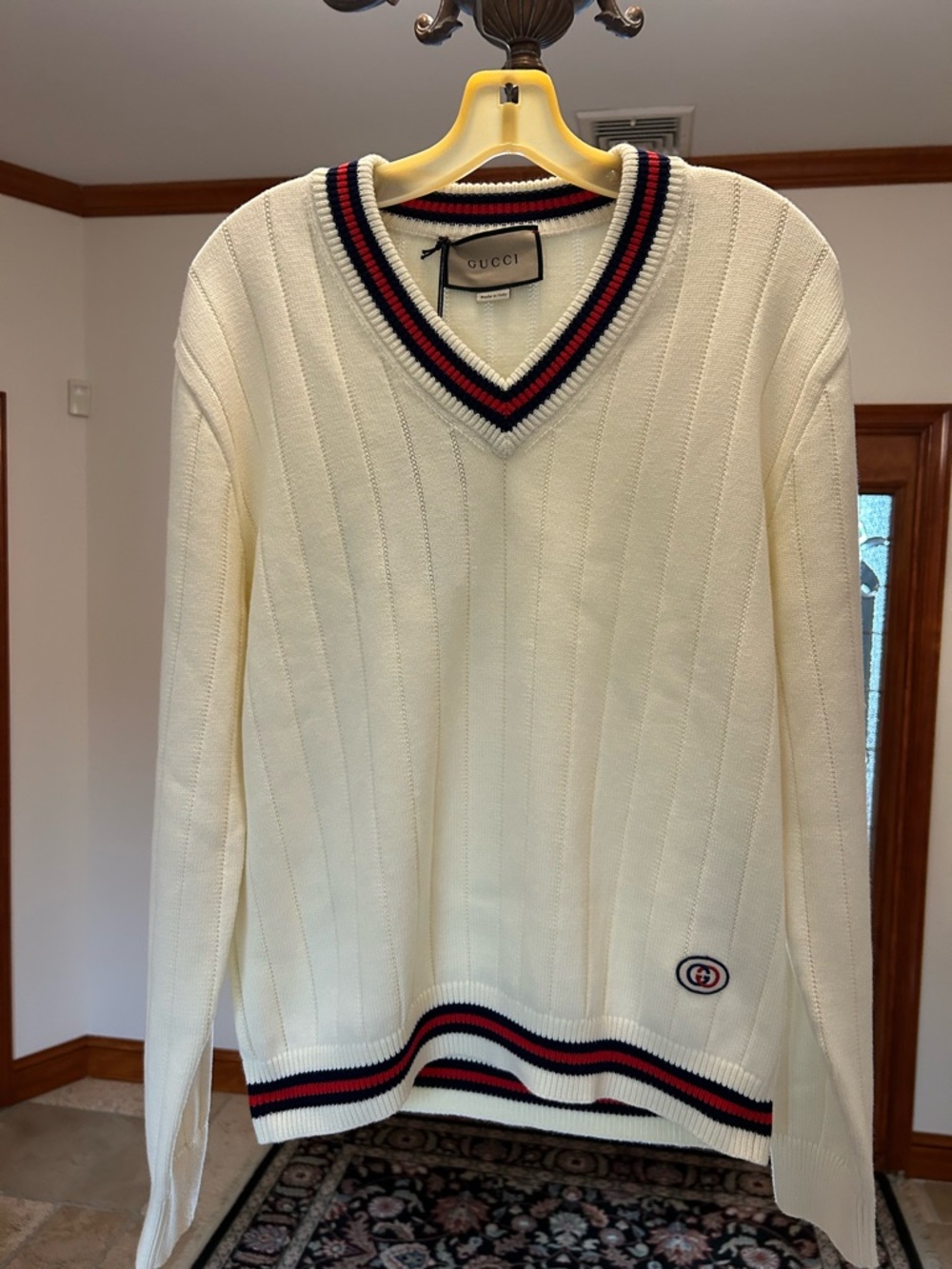 Men's Gucci cotton V-neck sweater navy/red web trim interlocking G logo size XS